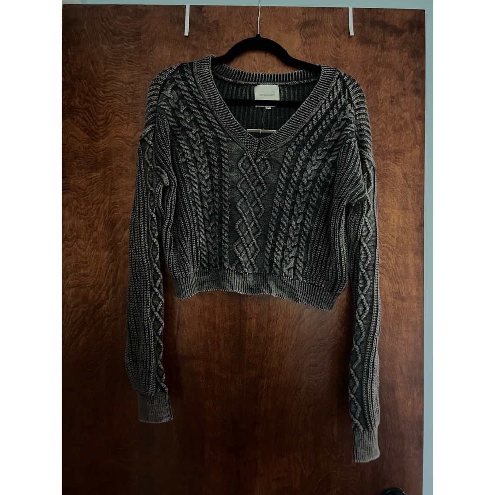NEW No Comment Sweater Women XL Grey V-Neck Cable Knit Cropped Cotton RS632296